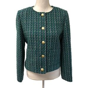 J Crew Tweed Jacket Womens Medium Green Blue Stripe Office Career Teacher